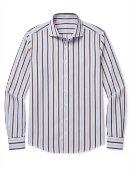Blauw en bruin gestreept poplin overhemd